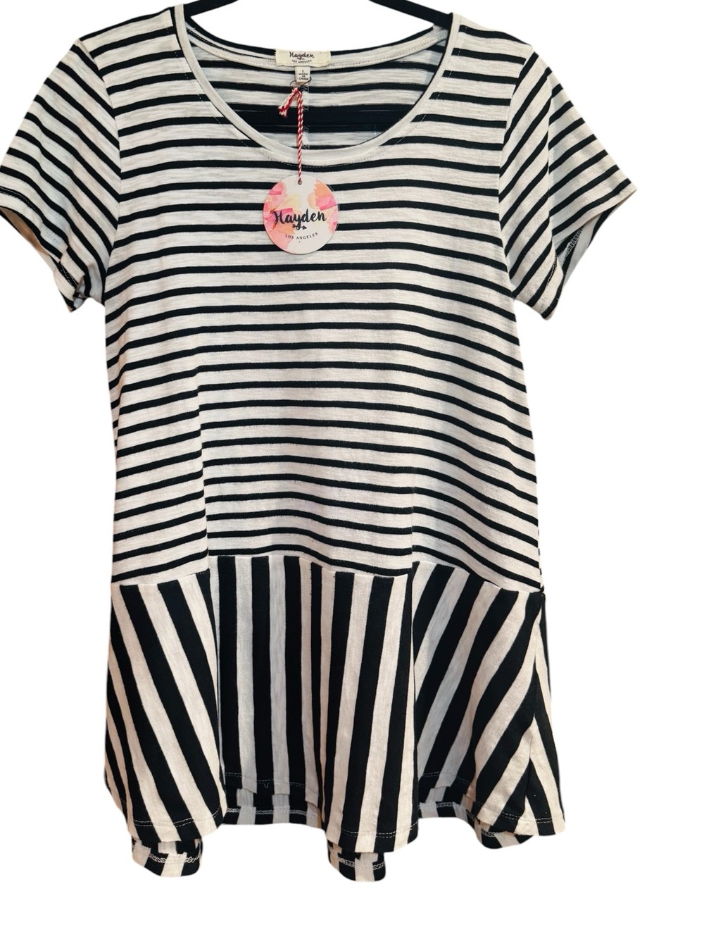 NWT Hayden Black & White Striped Knit Peplum Tunic, L